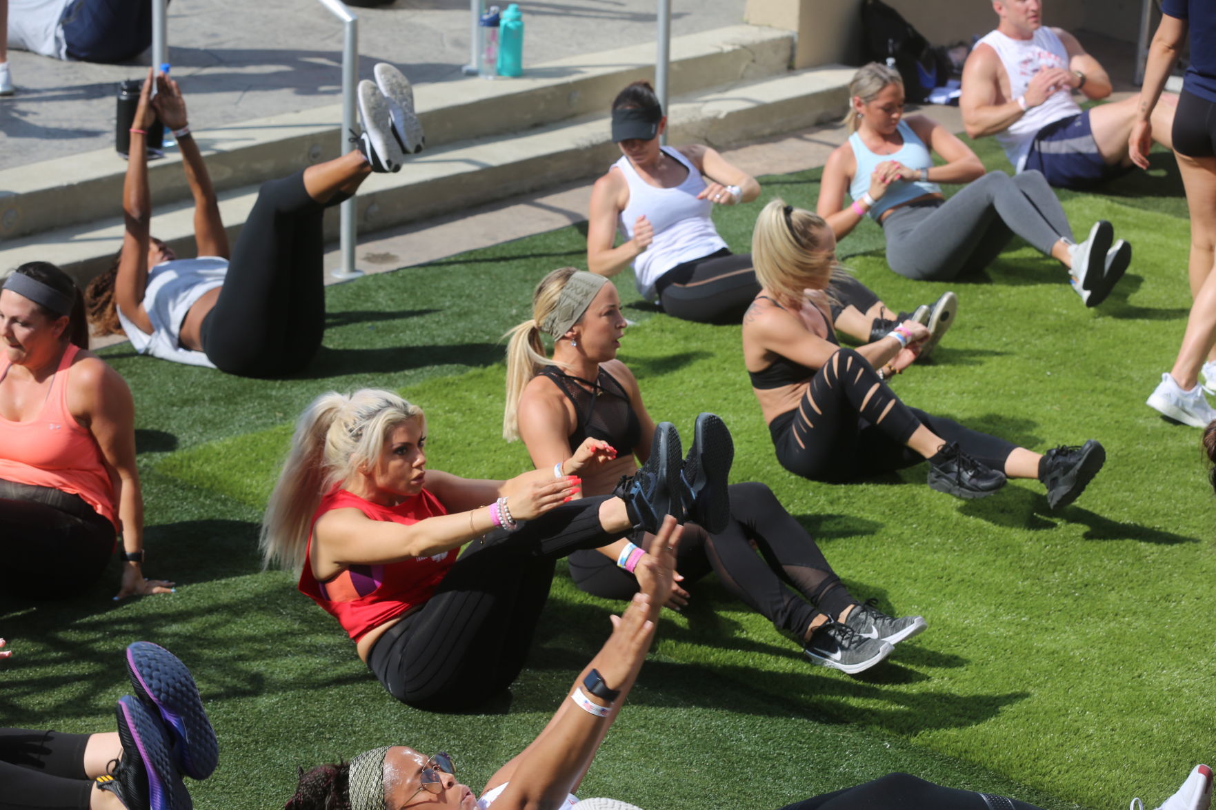 Actor Mark Wahlberg helps to lead a F45 track workout at Ocean Casino Resort in Atlantic City as part of the casino's one-year anniversary Saturday, June 22, 2019.